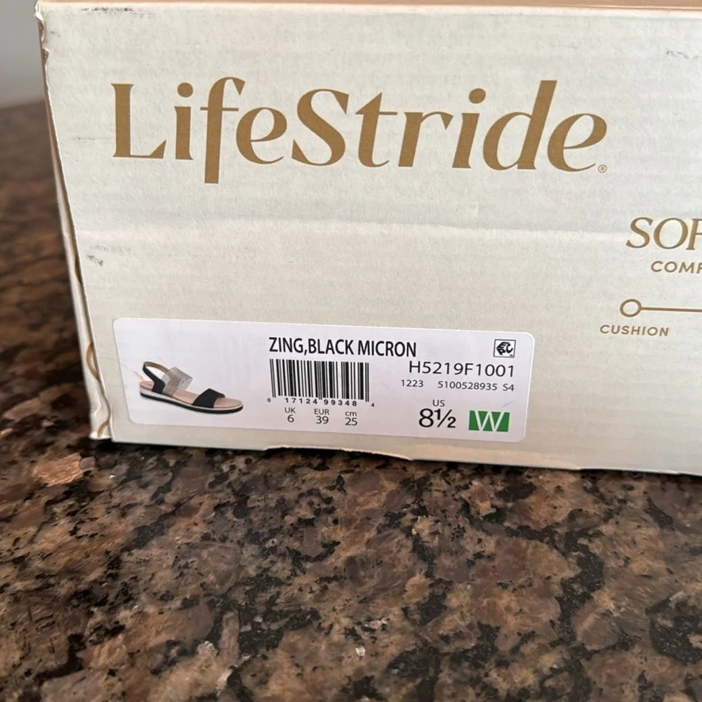 LifeStride Zing open toe wedge black micron NIB 8.5W